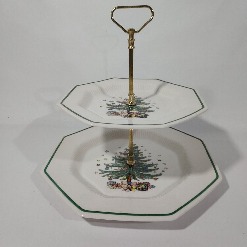 Nikko Happy Holiday Porcelain 2 Tier Octagon Serving Tray w/ Post Gold Handle